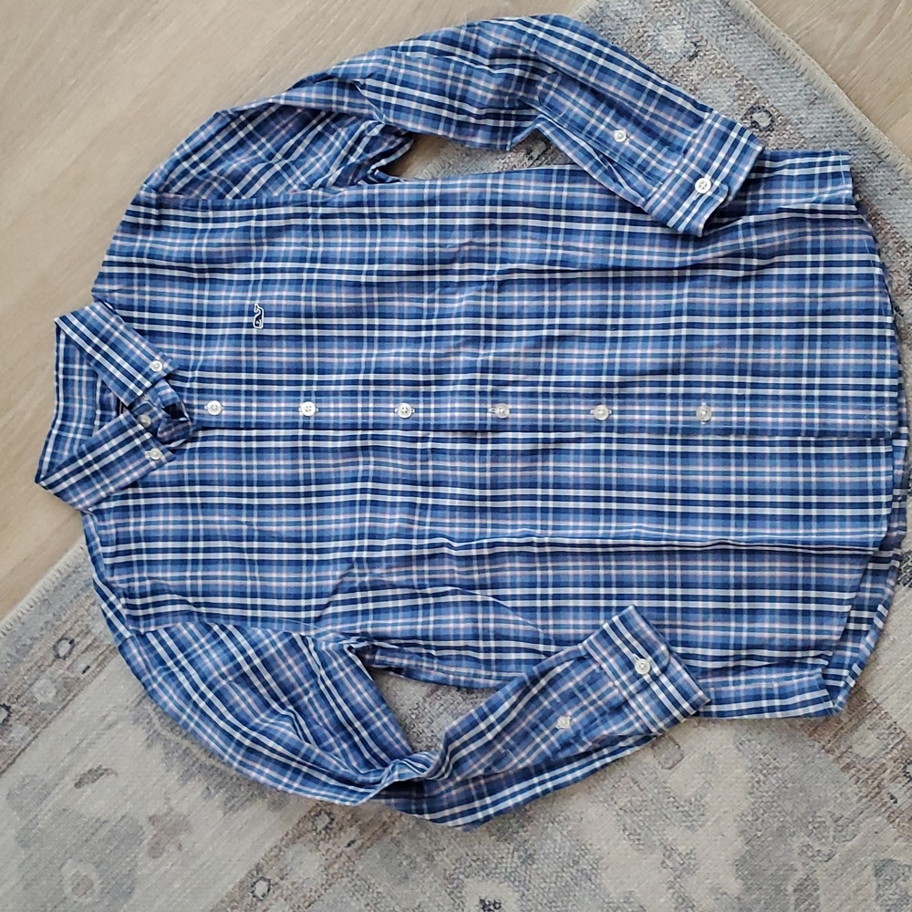 Vineyard Vines Boys Blue Plaid Cotton Whale Shirt Button-up SzM (12-14)